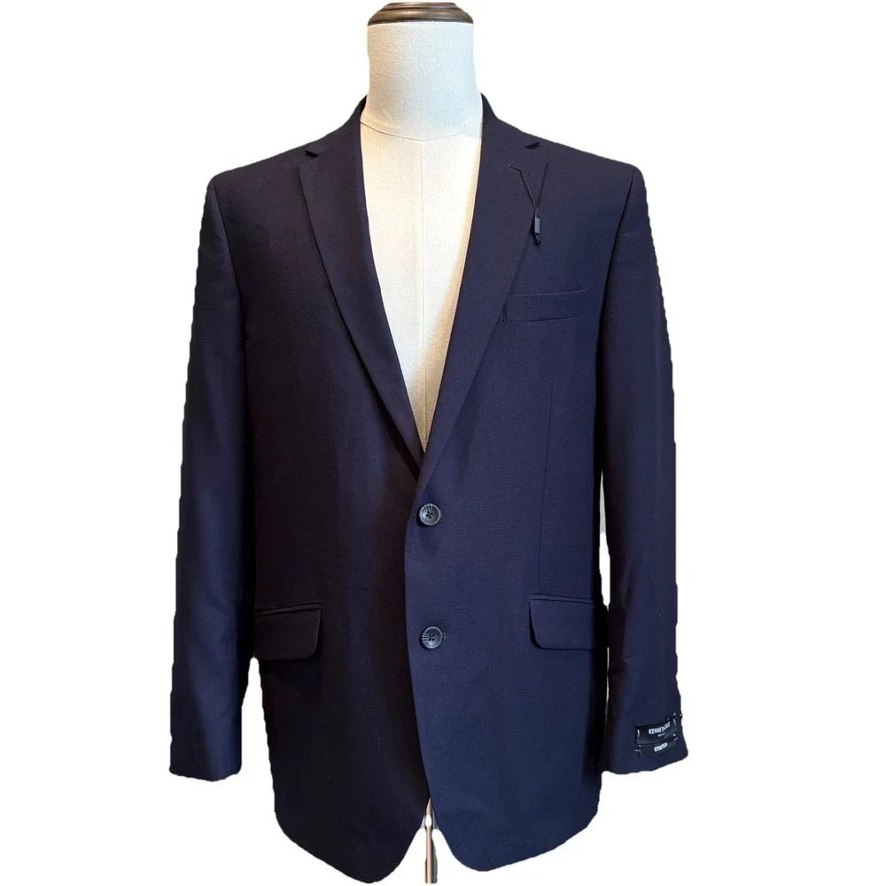 Kenneth Cole Stretch Sport Coat 42R‎ Navy Solid Angled Pockets Blazer 11-300541